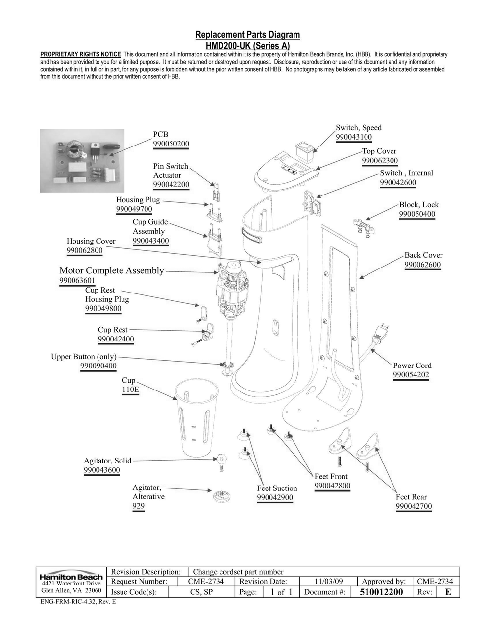 Diagram Diagram and Parts List for HMD200-UK  Hamilton Beach Drink Mixer